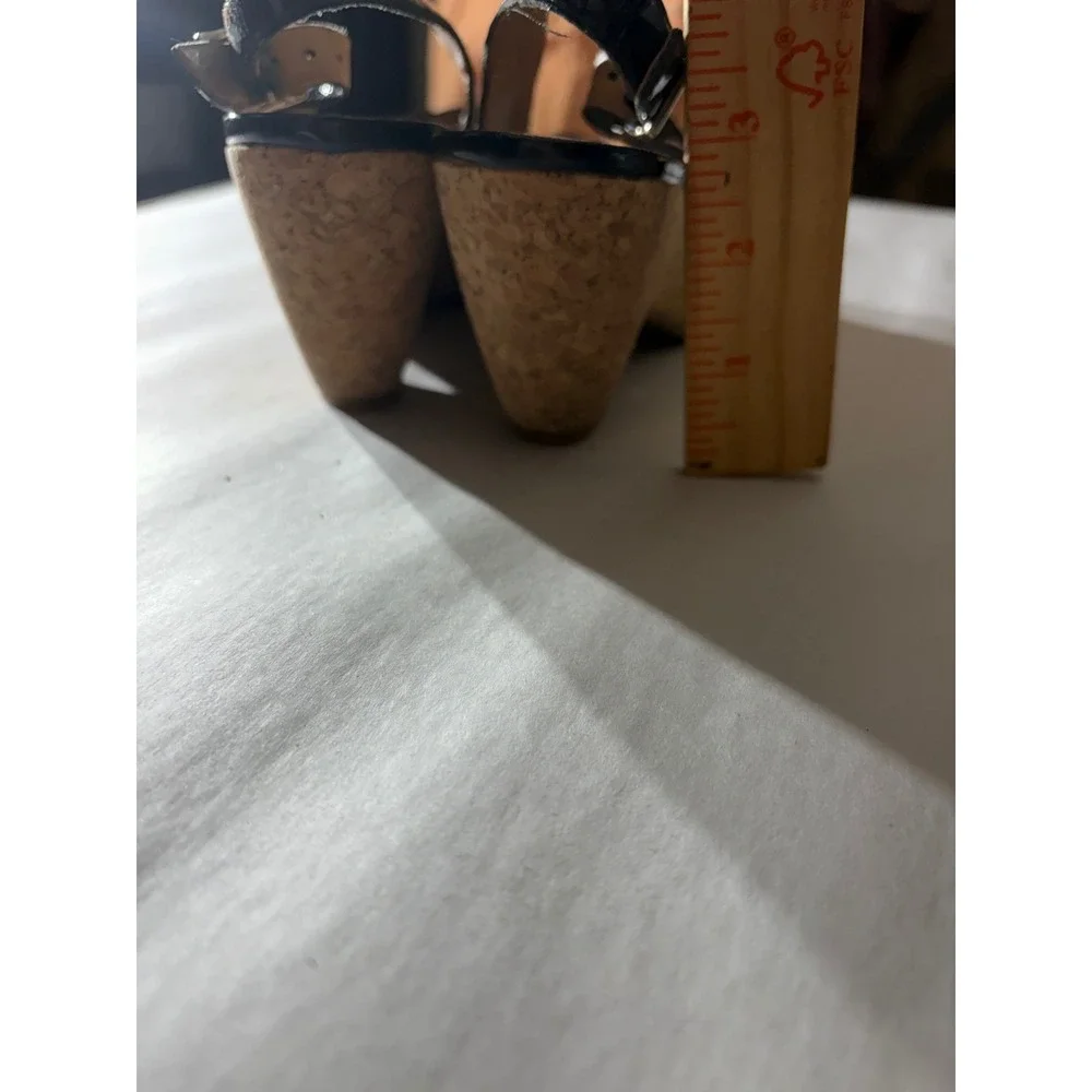 Michelle D Womens Black 7.5 Patent Leather Peep Toe Cork Wedge Slingback Sandals